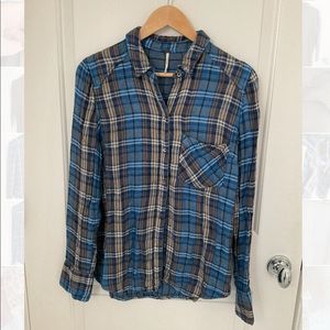 Free People Blue Plaid Flannel Button Down Shirt